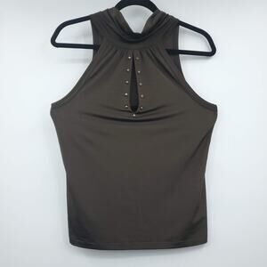 United Nations Colors Blouse Womens Medium Keyhole Halter Sleeveless Olive Brown